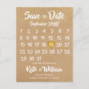 Rustic Kraft Gold Heart Calendar Save the Date Briefkaart