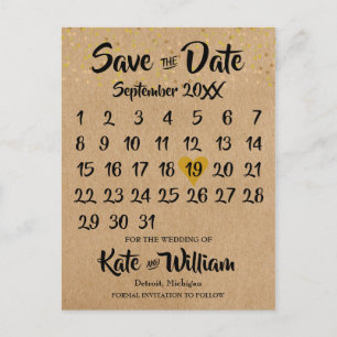 Rustic Kraft Gold Heart Calendar Save the Date Briefkaart