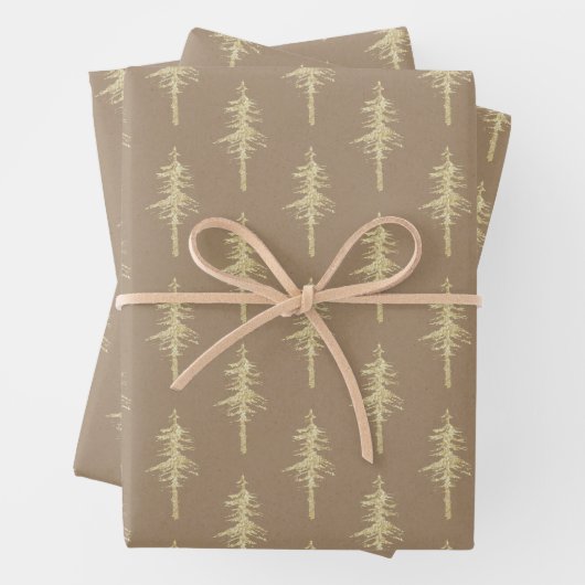 Rustic Kraft Gold Woodland Pine Tree Forest Inpakpapier Vel (In situ)