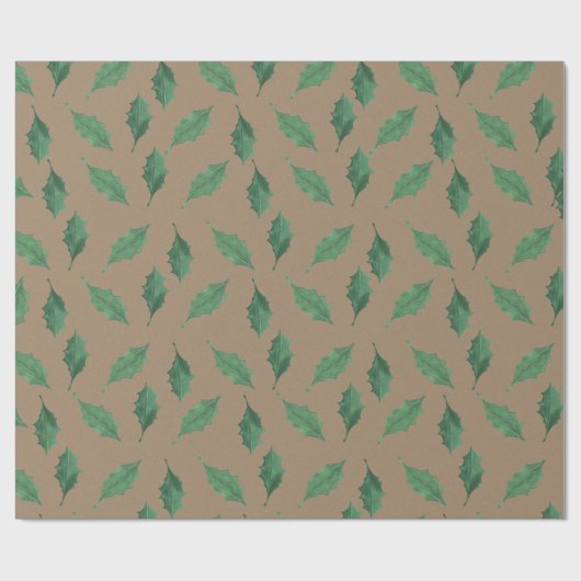 Rustic Kraft Green Holly Leaves Cadeaupapier (Vlak)