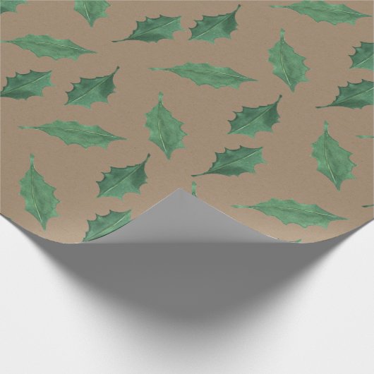 Rustic Kraft Green Holly Leaves Cadeaupapier (Hoek)