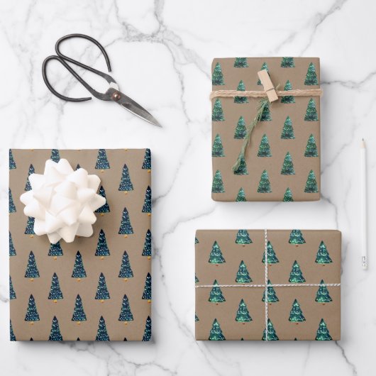Rustic Kraft Green-kerstbomen met licht Inpakpapier Vel (Voorkant)