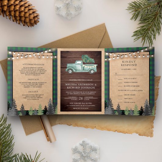 Rustic Kraft  Green Kerstfeest bruiloft Drieluik Uitnodiging
