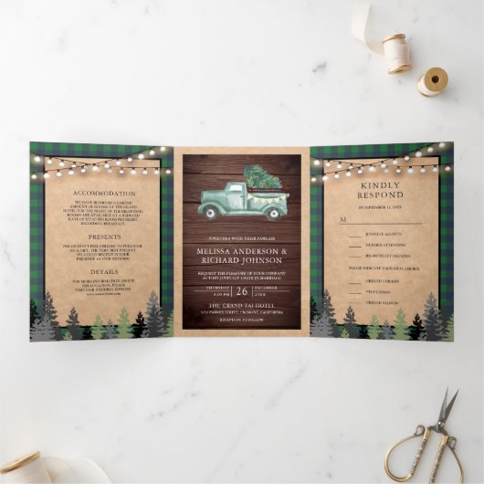 Rustic Kraft Green Kerstfeest bruiloft Drieluik Uitnodiging (Binnen)