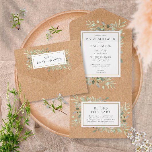 Rustic Kraft Greenery Gender Neutral Baby shower All In One Uitnodiging