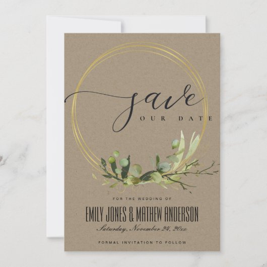 RUSTIC KRAFT GROEN GEEL LOOF BLADERE WATERVERF SAVE THE DATE (Voorkant)