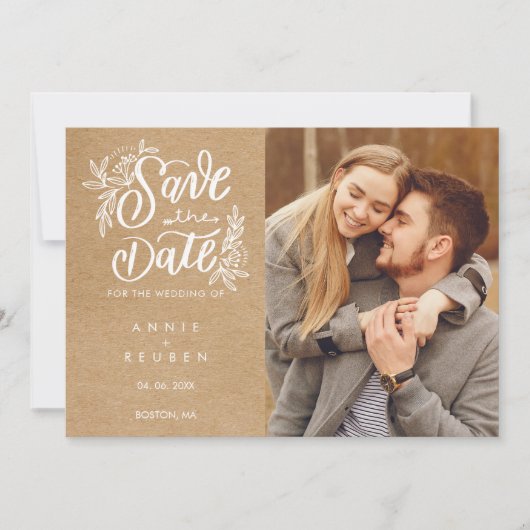 Rustic Kraft Hand Elegant Script Boho Foto Save The Date (Voorkant)