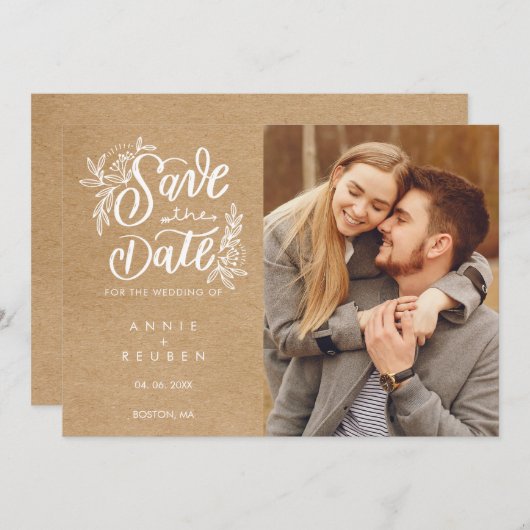 Rustic Kraft Hand Elegant Script Boho Foto Save The Date (Voorkant / Achterkant)