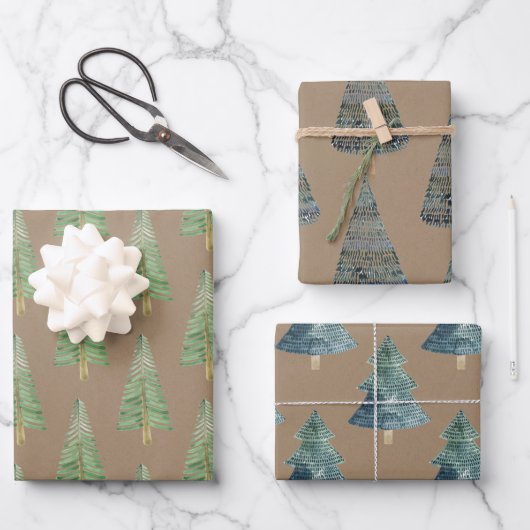 Rustic Kraft Hand Pine en Spruce Trees Inpakpapier Vel (Voorkant)