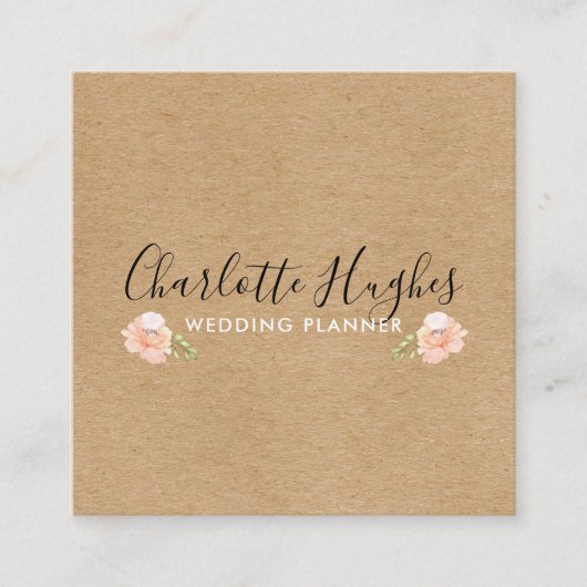 Rustic Kraft Handtekening met Roos Motif Square Vierkante Visitekaartje (Voorkant)