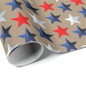 Rustic Kraft Helder Rood Wit & Blauw Sterren Cadeaupapier (Rol Hoek)