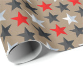 Rustic Kraft Helder Zwart Rood Zilver Sterren Cadeaupapier (Rol Hoek)