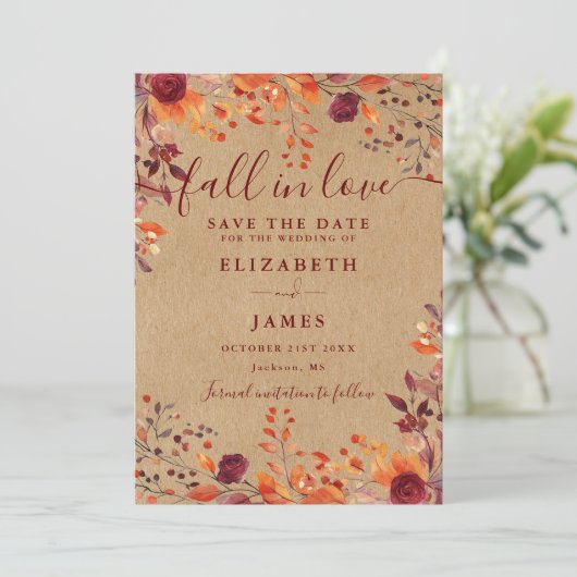 Rustic Kraft Herfst Autumnal Bloemen Huwelijk Save The Date (Staand voorkant)
