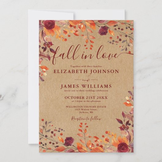 Rustic Kraft Herfst In Love Herfst Bloemen Huwelij Kaart (Voorkant)