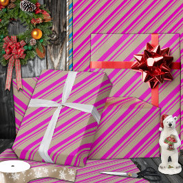 Rustic Kraft Hot Pink Stripes Vakantie Cadeaupapier