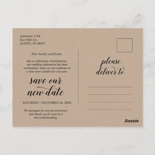 Rustic Kraft, huwelijksuitnodiging uitgesteld Briefkaart (Achterkant)