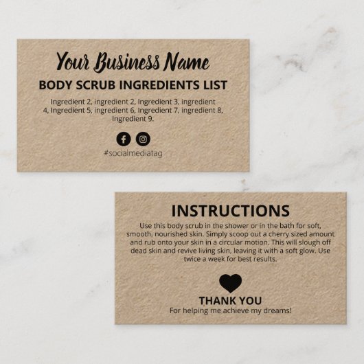 Rustic Kraft Ingredients Instructions Visitekaartje (Voorkant / Achterkant)