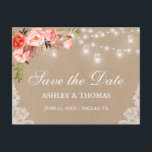 Rustic Kraft Jar Licht Koral Floral Save the Date Aankondigingskaart<br><div class="desc">Rustic Kraft String Lights Mason Jars Lace Waterverf Koral Floral Save the Date Briefkaart - Printed Back</div>