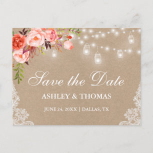 Rustic Kraft Jar Licht Koral Floral Save the Date Aankondigingskaart