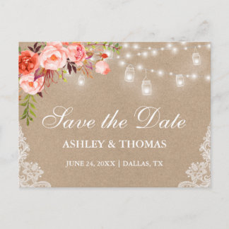 Rustic Kraft Jar Licht Koral Floral Save the Date Aankondigingskaart