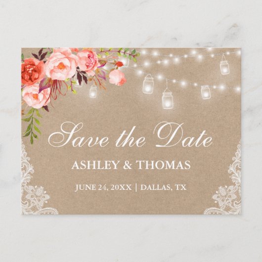 Rustic Kraft Jar Licht Koral Floral Save the Date Aankondigingskaart (Voorkant)
