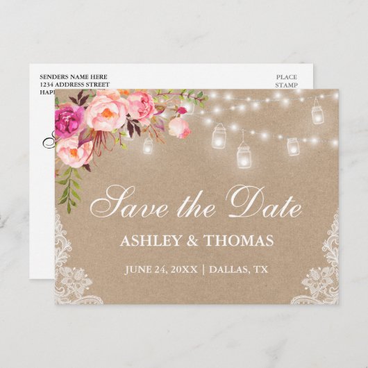 Rustic Kraft Jar Licht roze Floral Save the Date Aankondigingskaart (Voorkant / Achterkant)