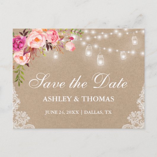 Rustic Kraft Jar Licht roze Floral Save the Date Aankondigingskaart (Voorkant)