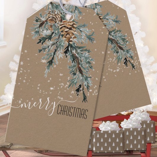 Rustic Kraft Juniper Bough & Cones Merry Kerstmis Cadeaulabel