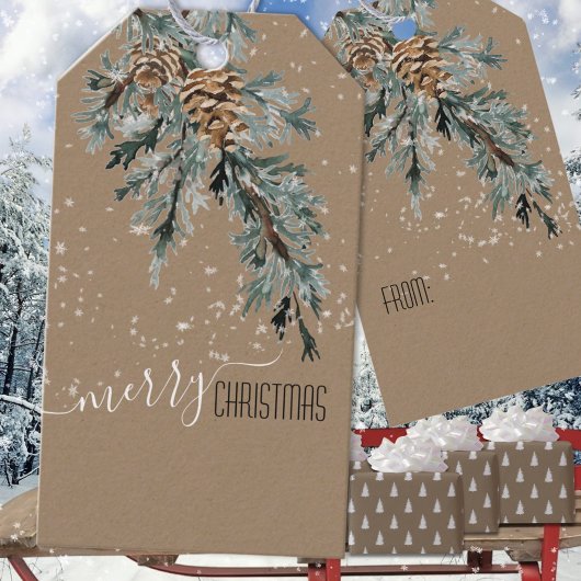 Rustic Kraft Juniper Bough & Cones Merry Kerstmis Cadeaulabel