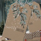 Rustic Kraft Juniper Bough & Cones Merry Kerstmis Cadeaulabel