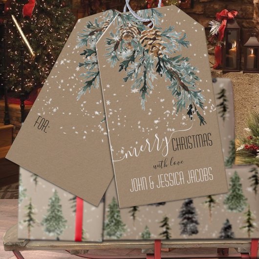 Rustic Kraft Juniper Bough & Cones Merry Kerstmis Cadeaulabel