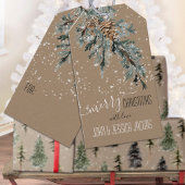 Rustic Kraft Juniper Bough & Cones Merry Kerstmis Cadeaulabel