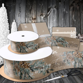 Rustic Kraft Juniper Branch Cones Merry Kerstmis Satijnen Lint