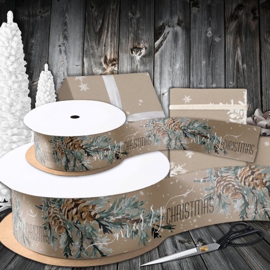 Rustic Kraft Juniper Branch Cones Merry Kerstmis Satijnen Lint