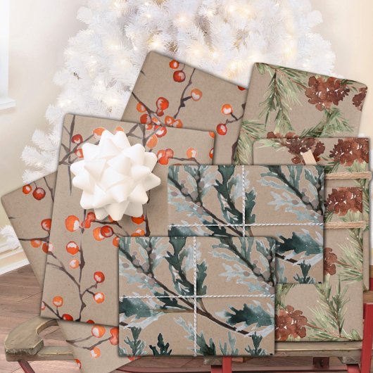 Rustic Kraft Juniper Pine Cones & Ilex Berries Inpakpapier Vel