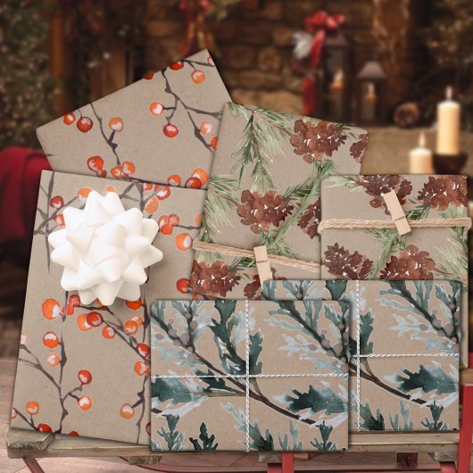 Rustic Kraft Juniper Pine Cones & Ilex Berries Inpakpapier Vel