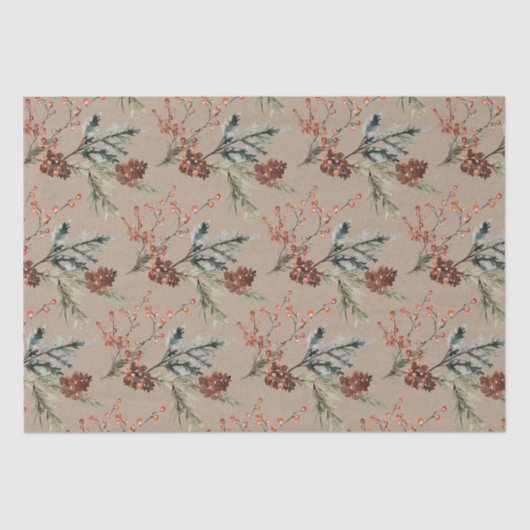 Rustic Kraft Juniper Pine Cones Ilex Berries Tissuepapier (Voorkant)