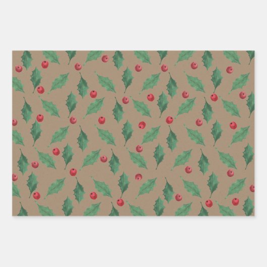 Rustic Kraft kerst Holly & Berries Inpakpapier Vel (Voorkant 3)