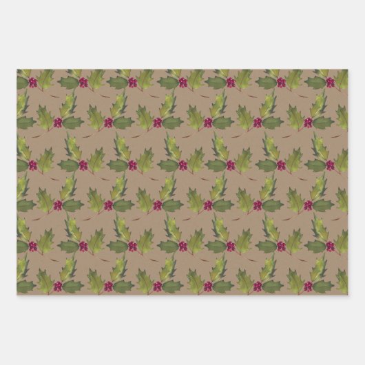 Rustic Kraft kerst Holly & Berries Inpakpapier Vel (Voorkant 2)