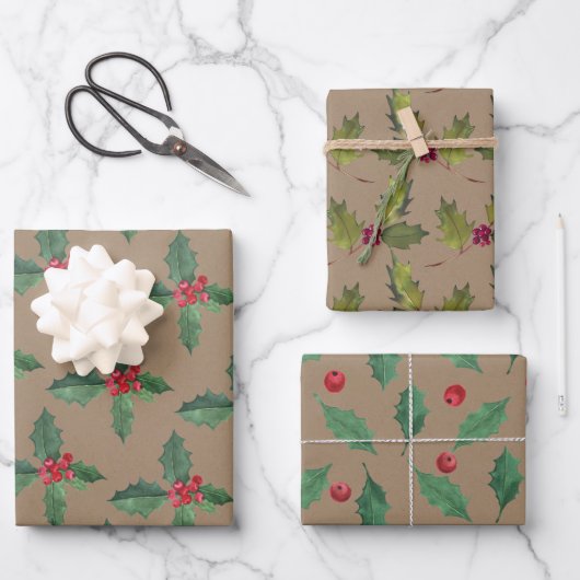 Rustic Kraft kerst Holly & Berries Inpakpapier Vel (Voorkant)