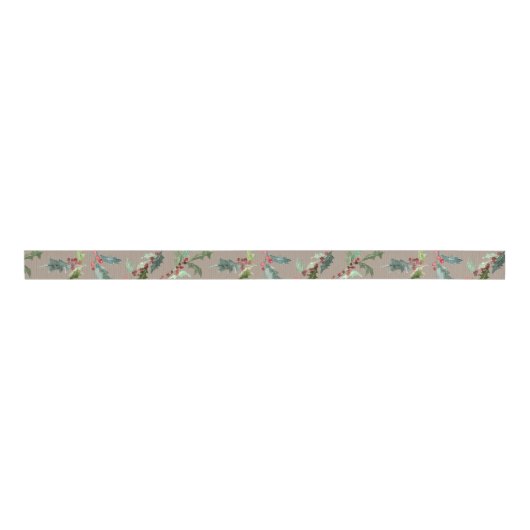 Rustic Kraft kerst Holly Leaf & Red Berries Grosgrain Lint (Voorkant)