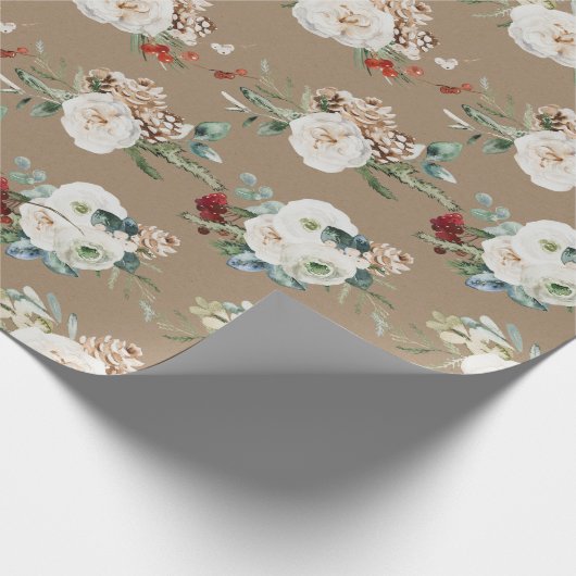 Rustic Kraft-kerstbloemen Sprigs & Berries Cadeaupapier (Hoek)