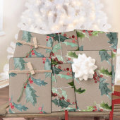 Rustic Kraft kerstFloral Holly Red Berries Inpakpapier Vel