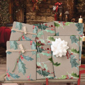 Rustic Kraft kerstFloral Holly Red Berries Inpakpapier Vel