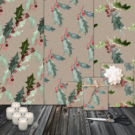 Rustic Kraft kerstFloral Holly Red Berries Inpakpapier Vel