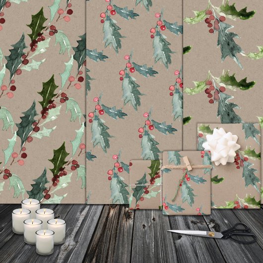Rustic Kraft kerstFloral Holly Red Berries Inpakpapier Vel
