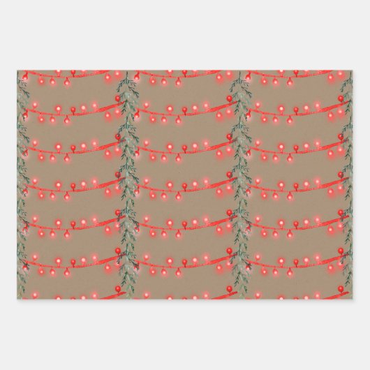 Rustic Kraft-kerstkoord Light Red Green Blue Inpakpapier Vel (Voorkant)