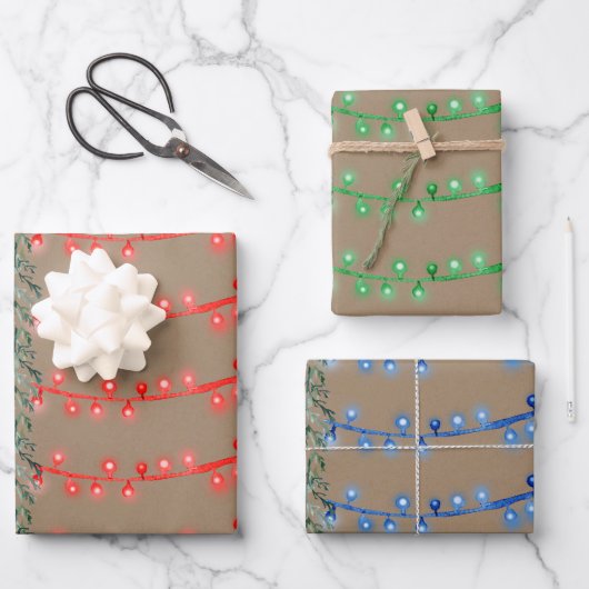 Rustic Kraft-kerstkoord Light Red Green Blue Inpakpapier Vel (Voorkant)