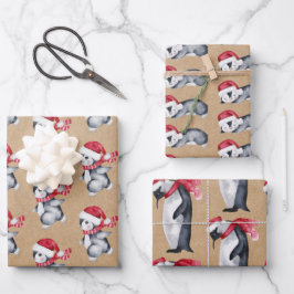 Rustic Kraft-kerstpinguïns Inpakpapier Vel