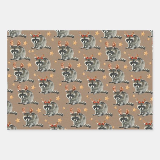 Rustic Kraft-kerstracoons onder gouden sterren Inpakpapier Vel (Voorkant 3)